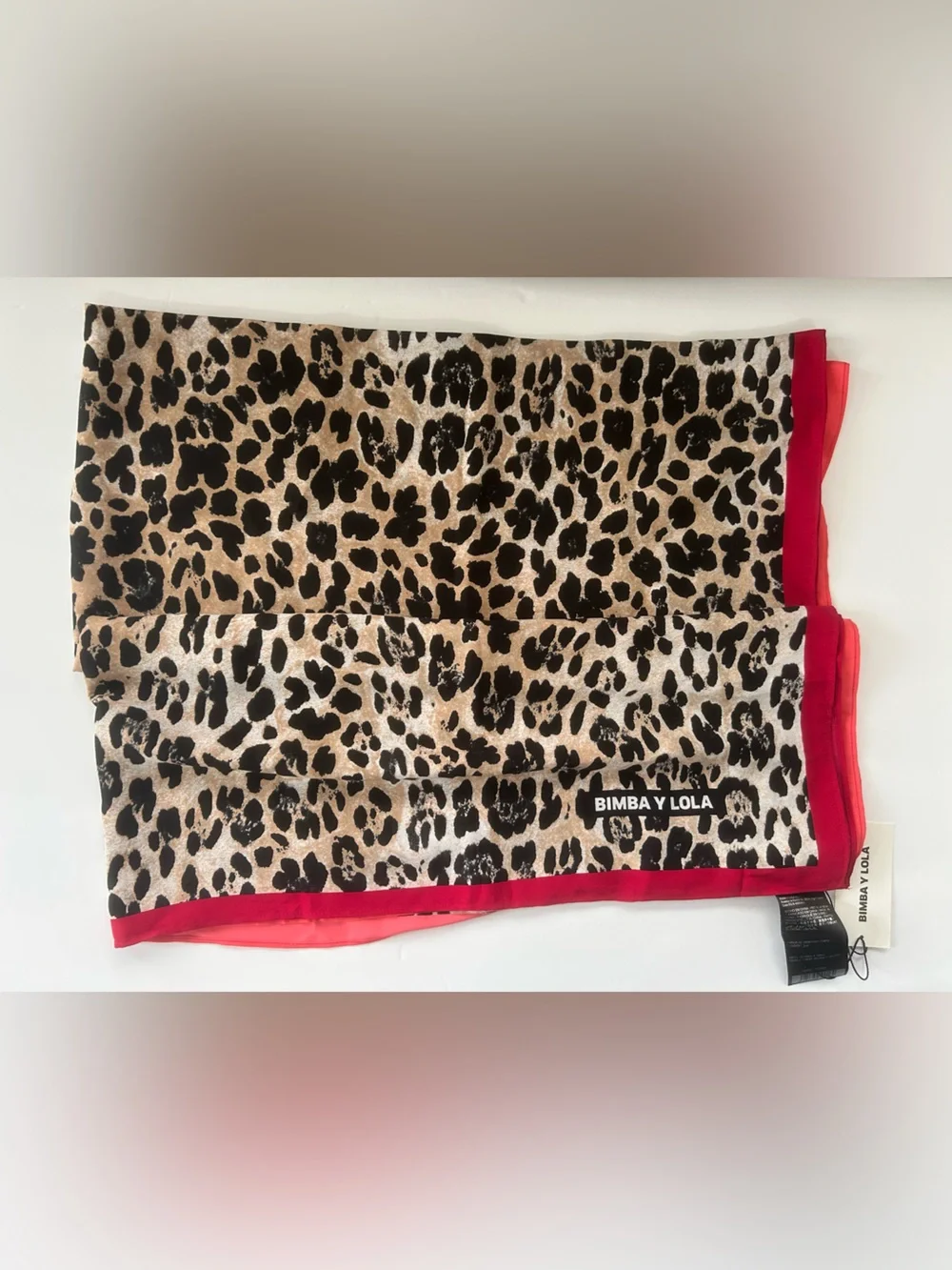 Bimba Y Lola Leopard Print Silk Scarf with Red and Pink Trim